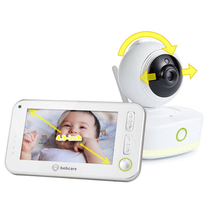 Bebcare baby monitor displaying 4.3-inch screen with infant view and rotating camera unit showing pan and tilt range with yellow arrows.