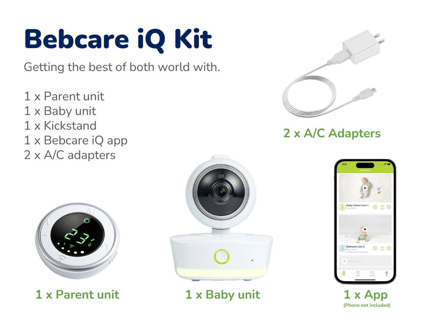 Bebcare iQ Kit contents displayed: parent unit, baby unit, kickstand, app interface, and 2 AC adapters.