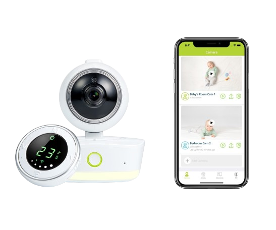 Bebcare Low-EMF IQ WiFi HD Baby Monitor with digital display unit on left and smartphone app interface on right showing multiple camera feeds.