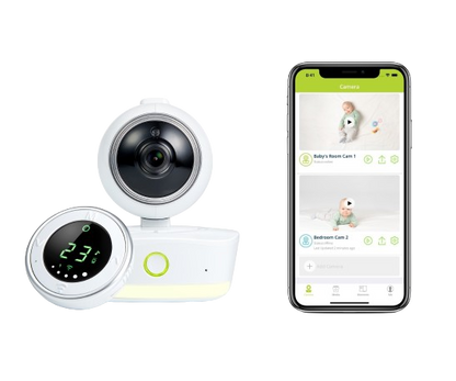 Bebcare Low-EMF IQ WiFi HD Baby Monitor with digital display unit on left and smartphone app interface on right showing multiple camera feeds.