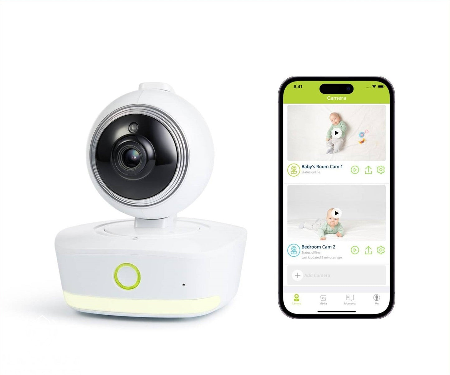 Bebcare IQ camera baby monitor displayed next to smartphone showing app interface with live feeds from two cameras monitoring infants.