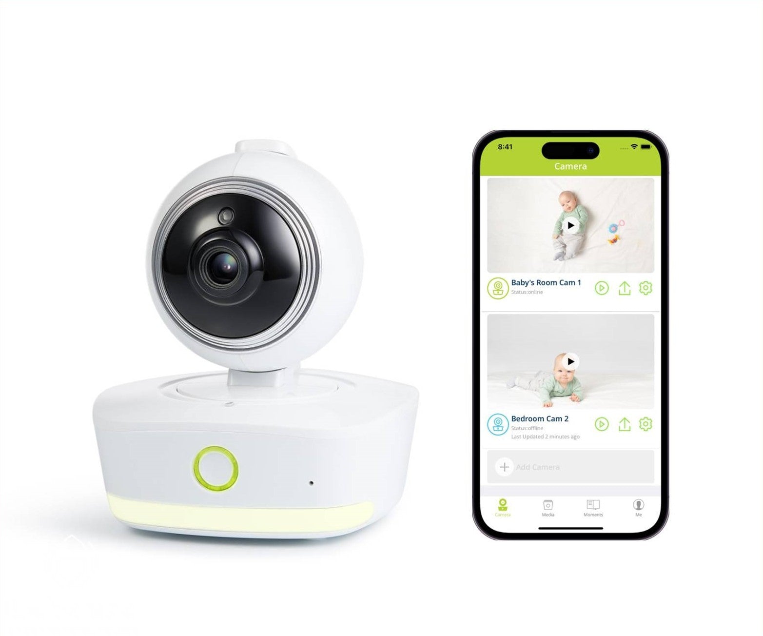 Bebcare IQ camera baby monitor displayed next to smartphone showing app interface with live feeds from two cameras monitoring infants.