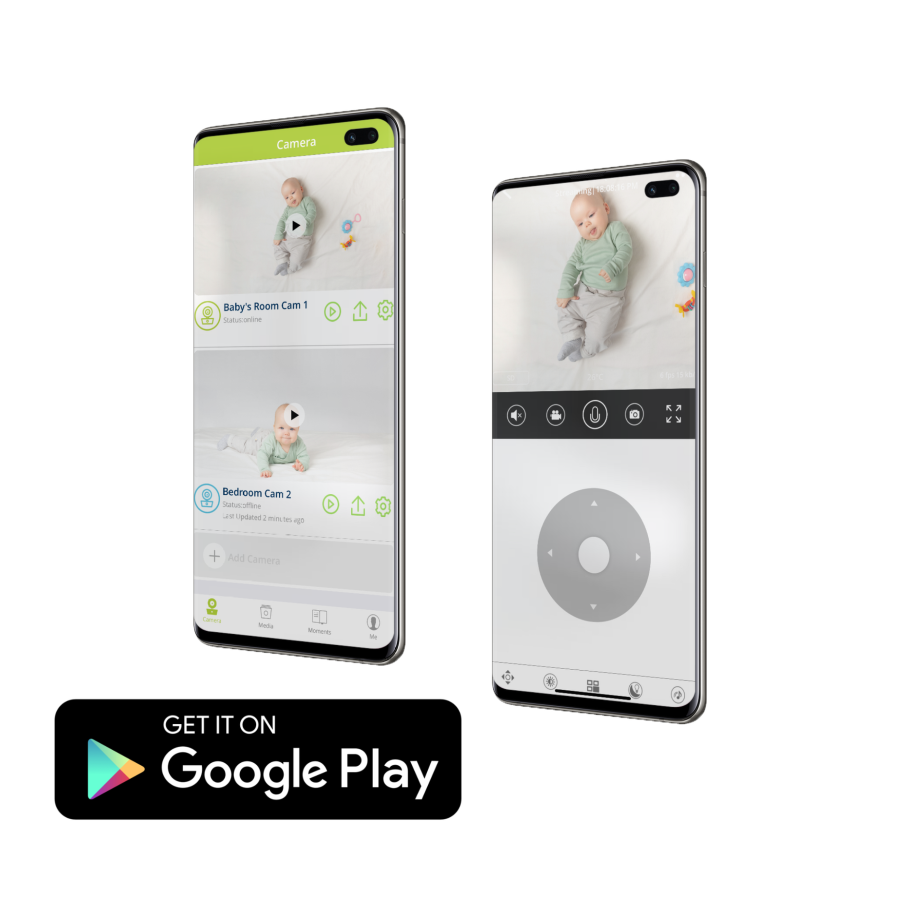 Bebcare baby monitor app interface displayed on two smartphones showing live camera feeds of infants and control settings, with Google Play download badge.