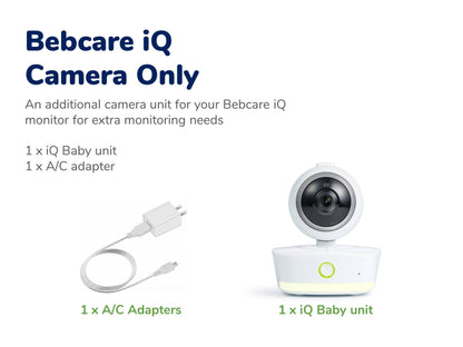 Bebcare iQ Camera Only package contents: white AC adapter with cord and circular white iQ Baby unit with black camera lens and green power button.
