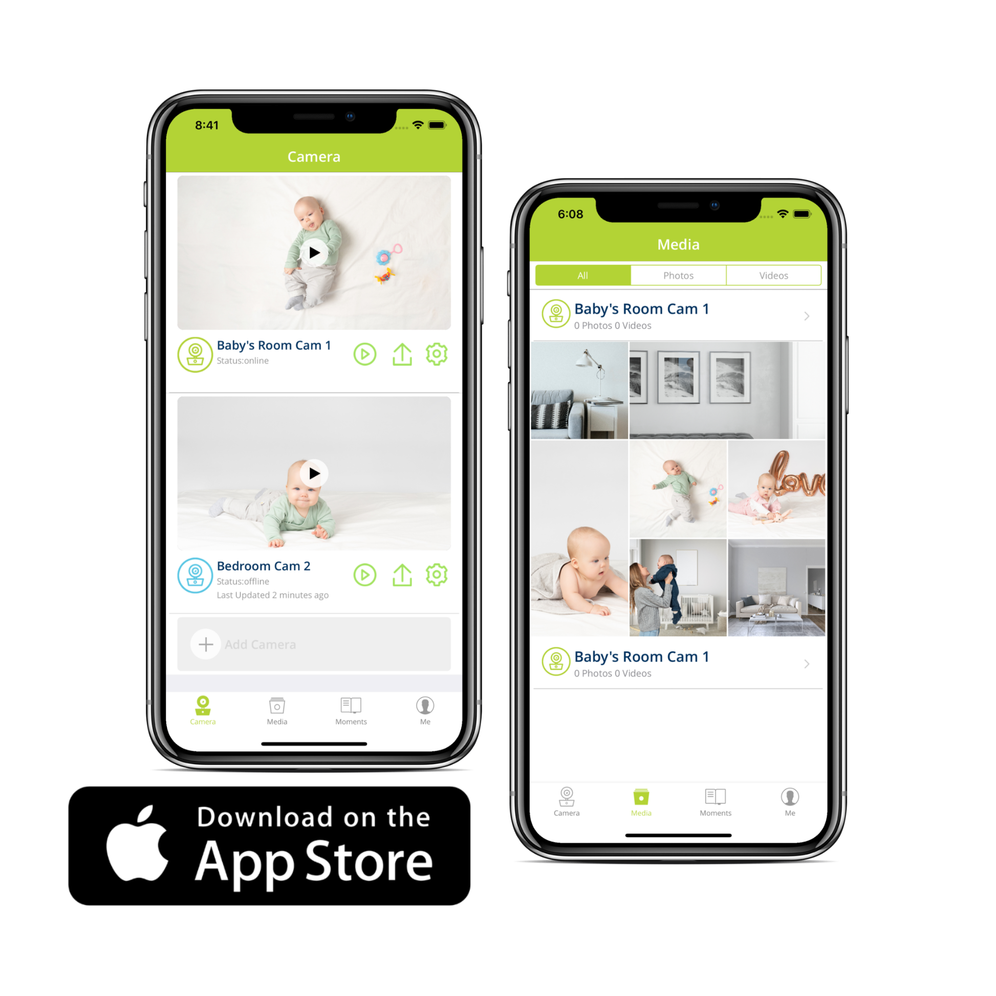 Bebcare baby monitor app interface showing Camera and Media tabs with live feeds from two rooms and photo gallery on iPhone screens.