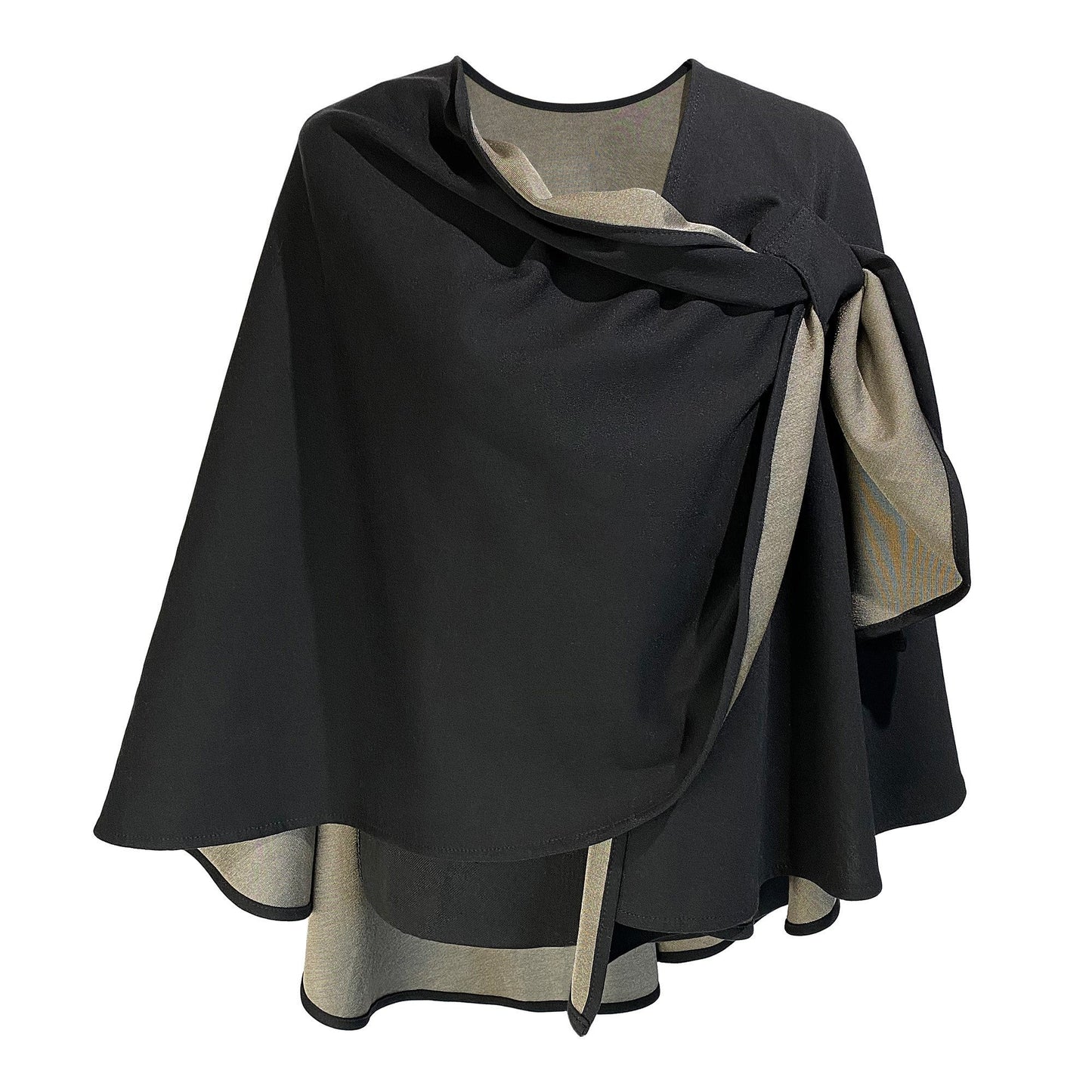 Black and silver cotton double knit cape with draped front closure and contrasting trim, displayed on mannequin against white background.