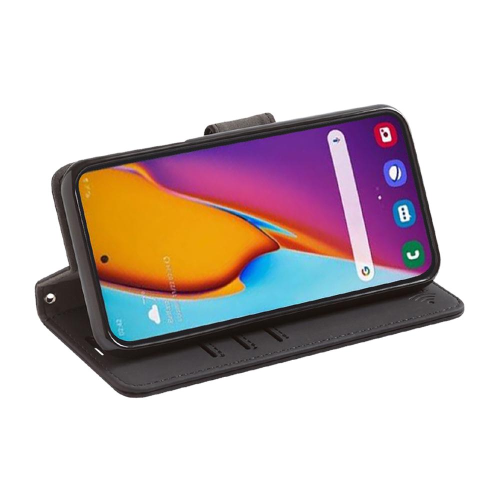 SafeSleeve Case for Samsung Galaxy in black, displayed open as a stand-up folio with colorful wallpaper visible on phone screen.