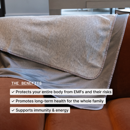 HAVN WaveStopper™ Blanket draped over couch displaying benefits: EMF protection, family health promotion, and immunity support.
