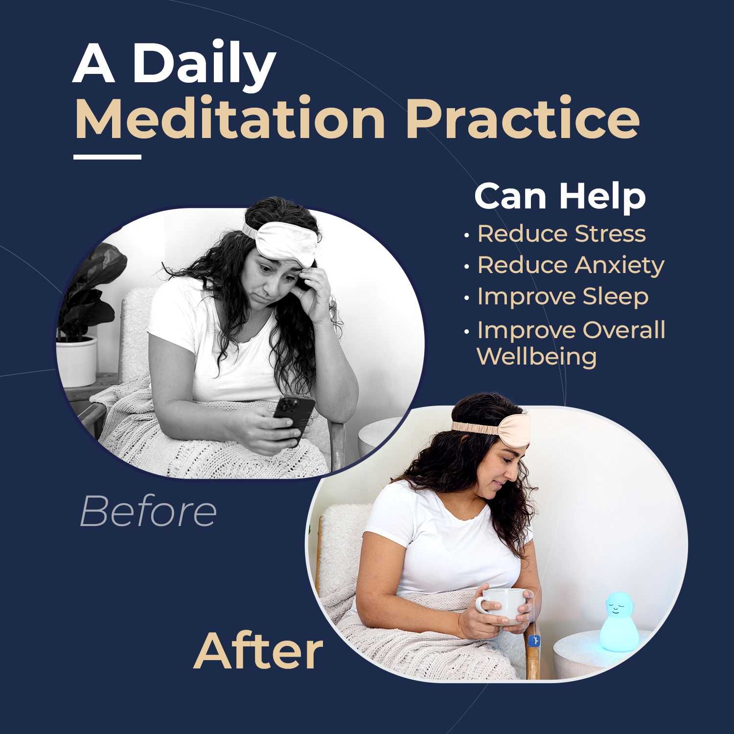 Before and after comparison showing stressed woman with phone versus calm woman with Breathing Buddha meditation light demonstrating stress reduction benefits.