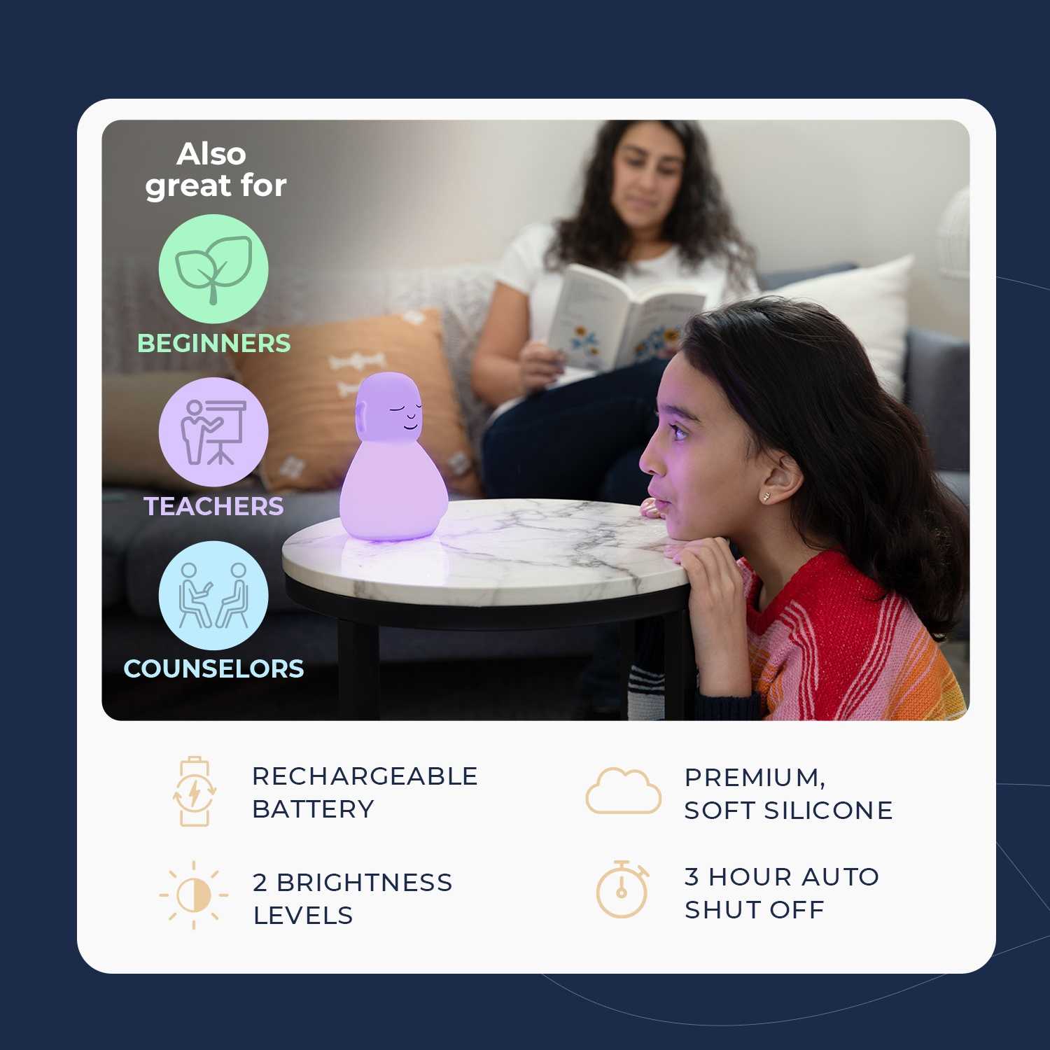 Mindsight Breathing Buddha light shown on table with girl in foreground, listing features: rechargeable battery, brightness levels, premium silicone, 3-hour auto shutoff, suitable for beginners, teachers, counselors.
