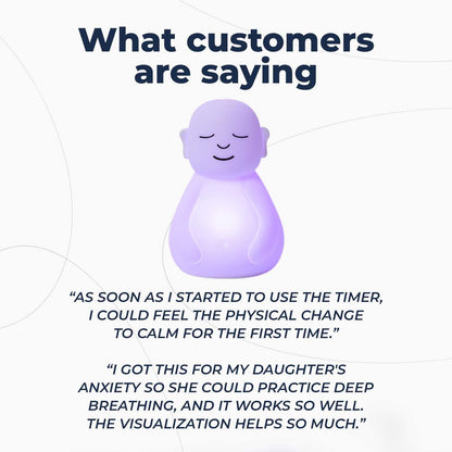Purple Buddha figure with customer testimonials about using the Mindsight Breathing Buddha for anxiety and stress relief through guided breathing.