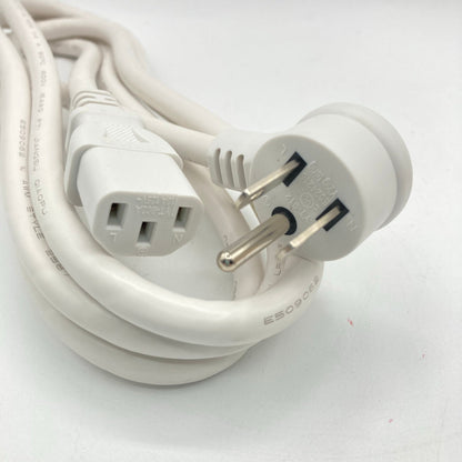 Four power cords laid out together, one black and three white, with straight and angled grounded plugs and C13, C5 and C7 style connectors.