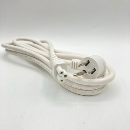 White power cord with an angled grounded plug and a C5 clover-leaf connector, coiled on a white surface.