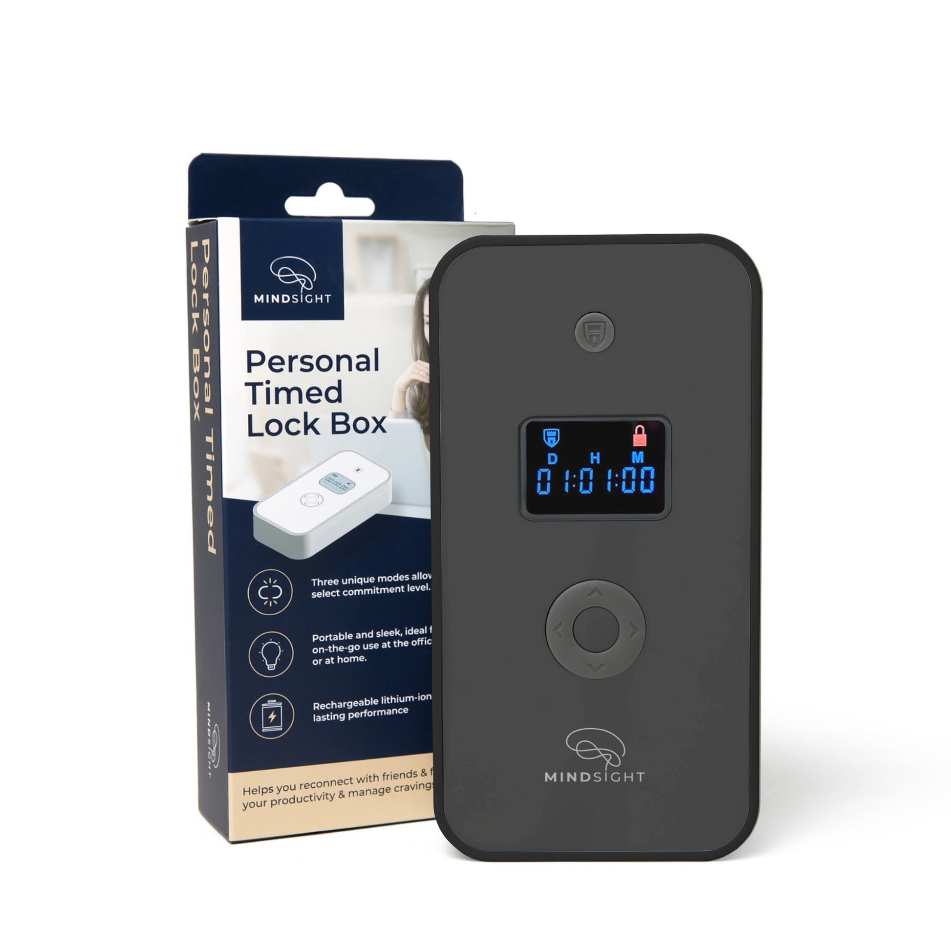 Mindsight Personal Timed Lock Box displayed next to its retail packaging showing the device's digital display and controls.