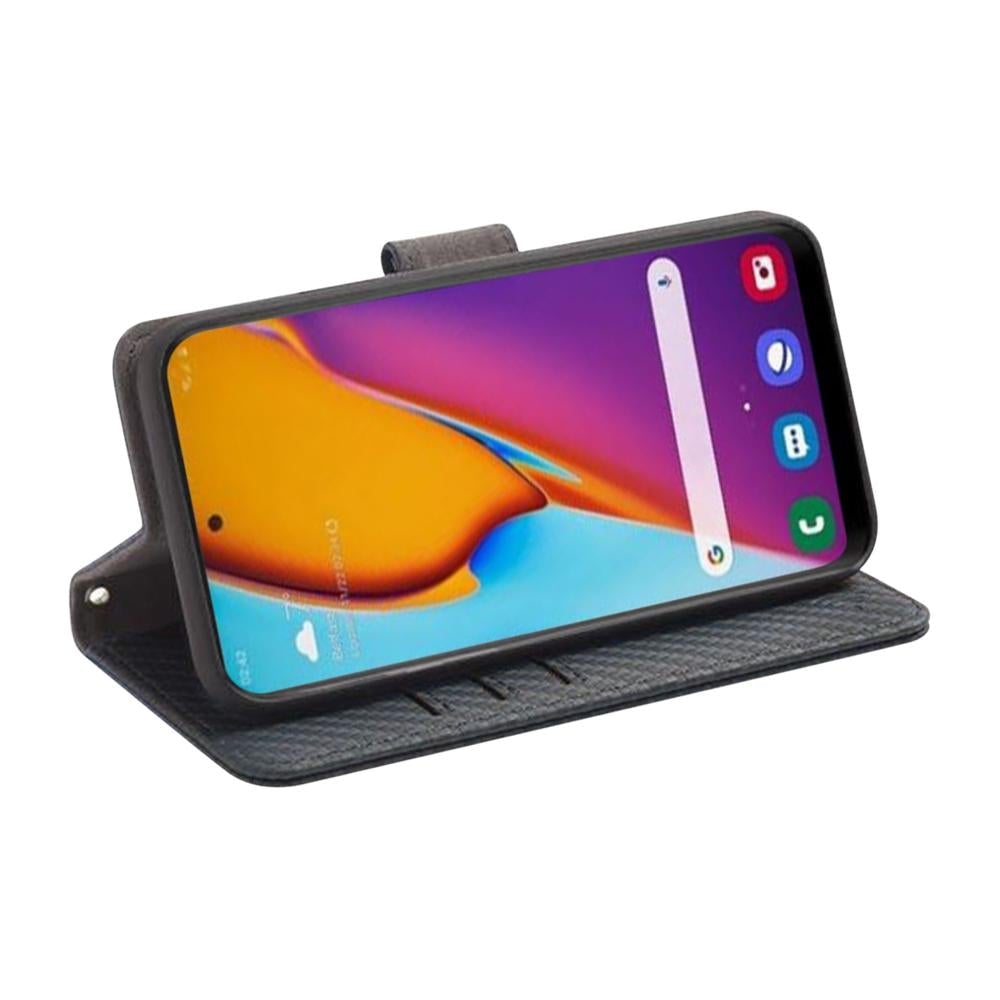 SafeSleeve Detachable Case for Samsung Galaxy displayed open in landscape stand mode, showing colorful wallpaper on phone screen.