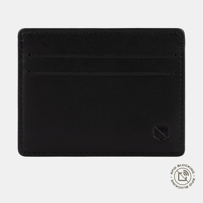 Black SLNT RFID Wallet front view showing card slots and RFID blocking logo in bottom right corner.