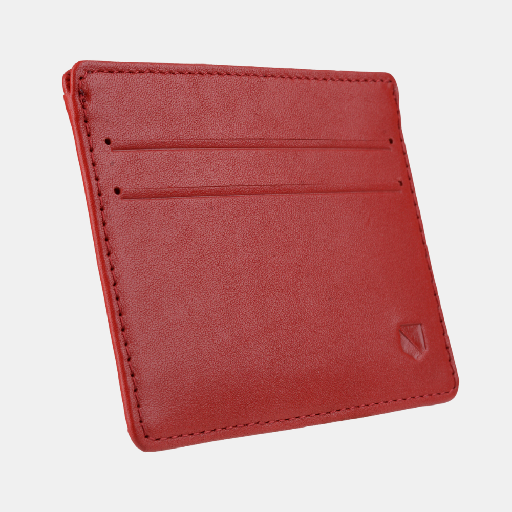 Red leather SLNT RFID Wallet displayed at an angle, showing card slots and stitched edges with brand logo.