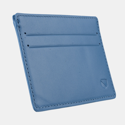 Blue leather SLNT RFID Wallet with card slots and stitched edges, angled view showing minimalist design and brand logo.