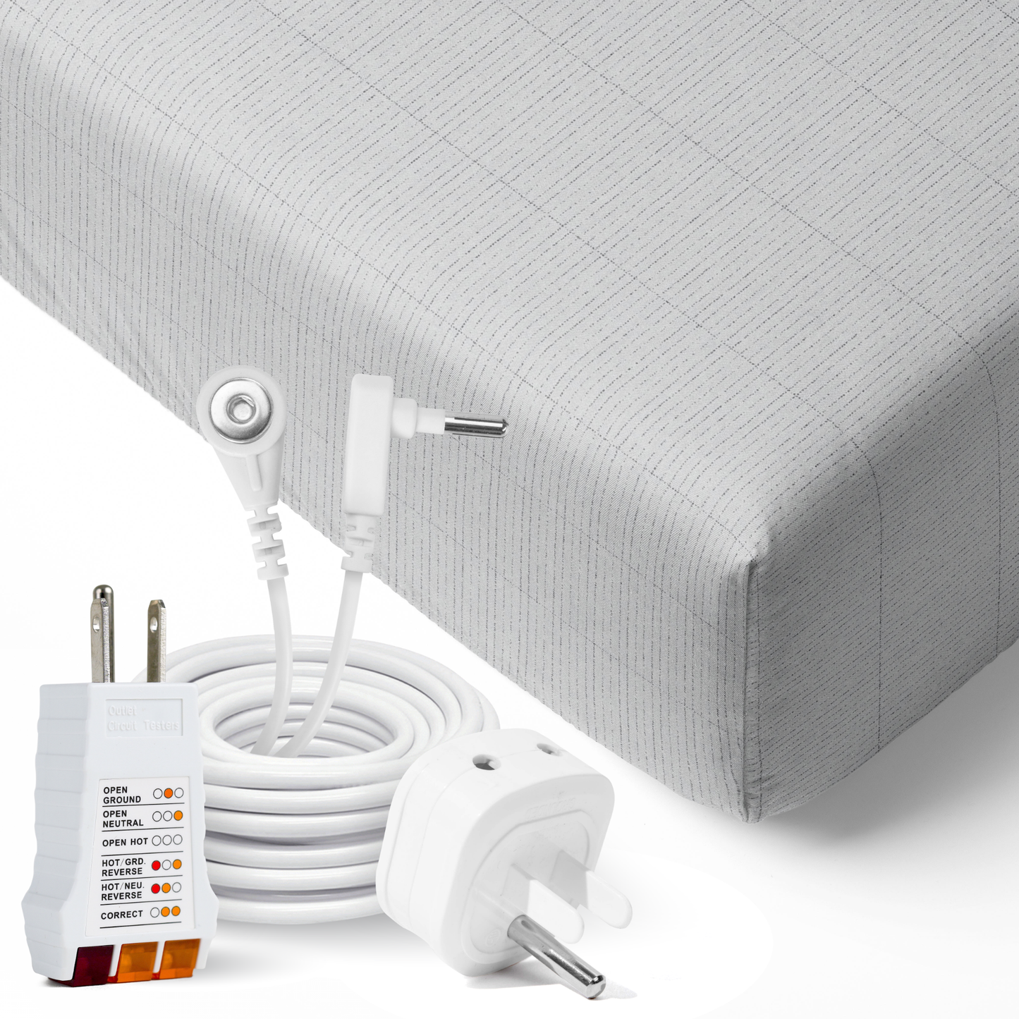 GroundLuxe Organic Fitted Grounding Sheet with charging cable, adapter, and cord polarity tester on white background.