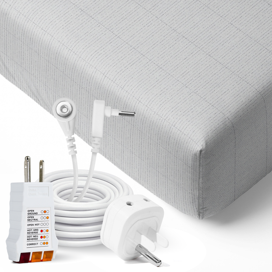 GroundLuxe Organic Fitted Grounding Sheet with charging cable, adapter, and cord polarity tester on white background.
