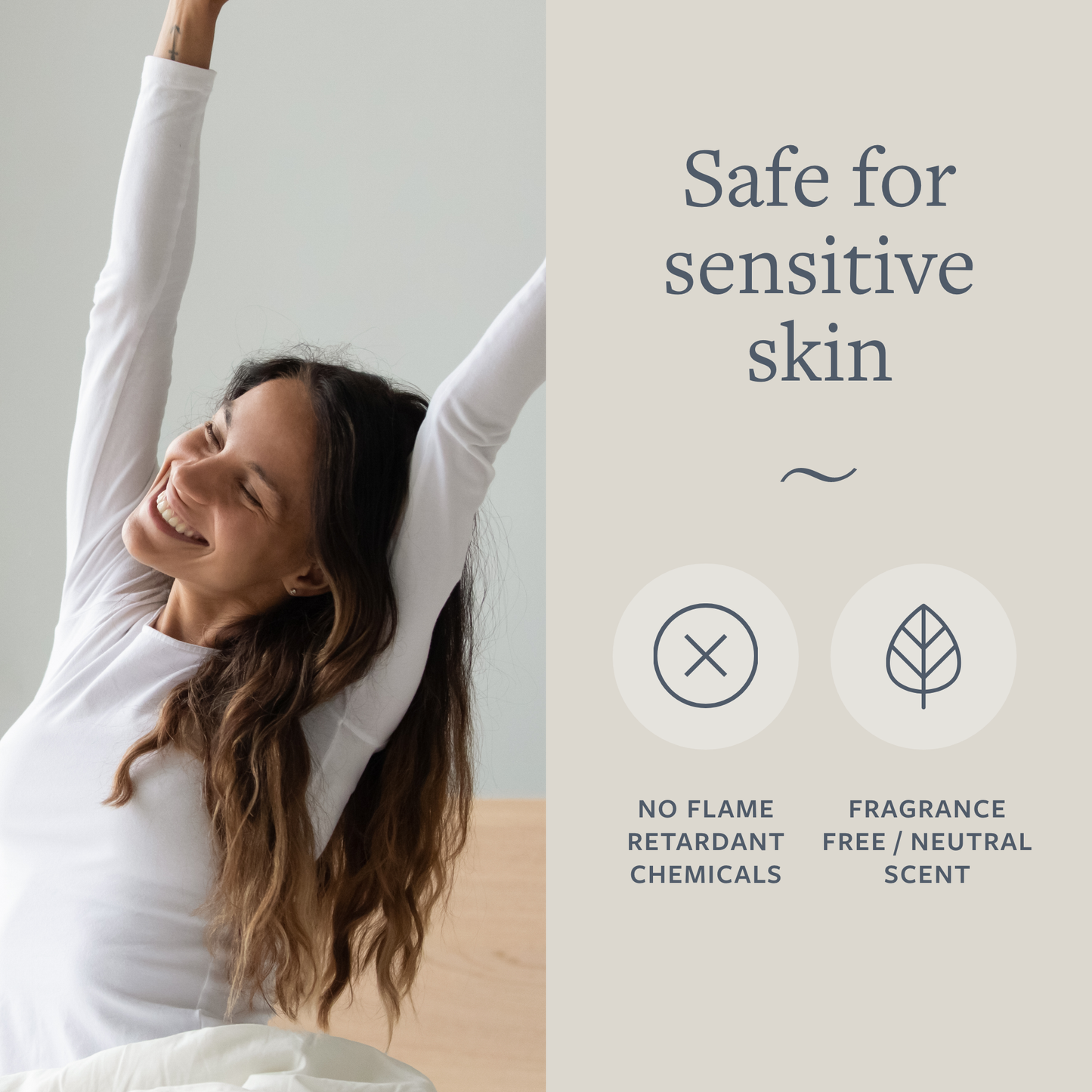 Happy woman stretching in white GroundLuxe Organic Fitted Grounding Sheet, highlighting safe sensitive skin features: no flame retardant chemicals, fragrance free neutral scent.