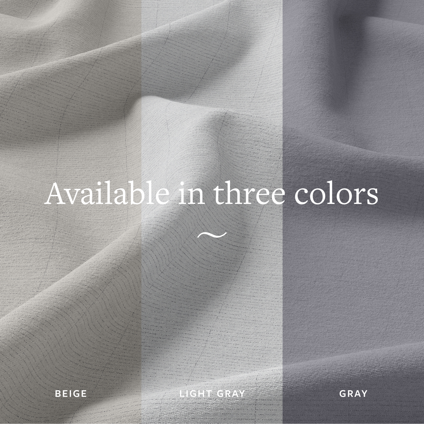GroundLuxe Organic Fitted Grounding Sheet displayed in three color options: beige, light gray, and gray fabric swatches.