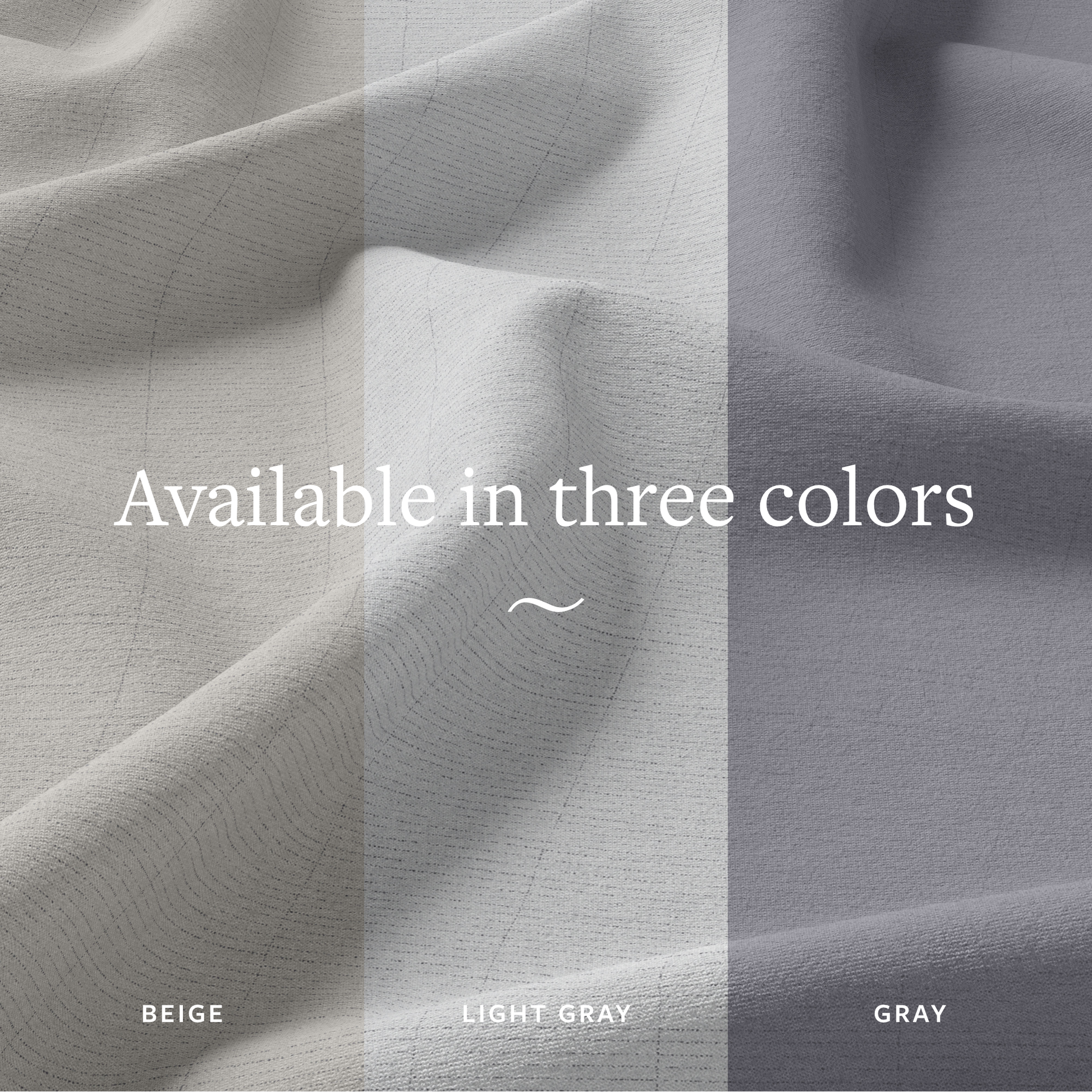 GroundLuxe Organic Fitted Grounding Sheet displayed in three color options: beige, light gray, and gray fabric swatches.