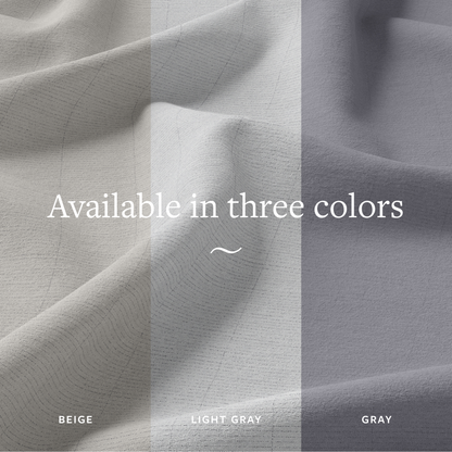 GroundLuxe Organic Fitted Grounding Sheet displayed in three color options: beige, light gray, and gray fabric swatches.