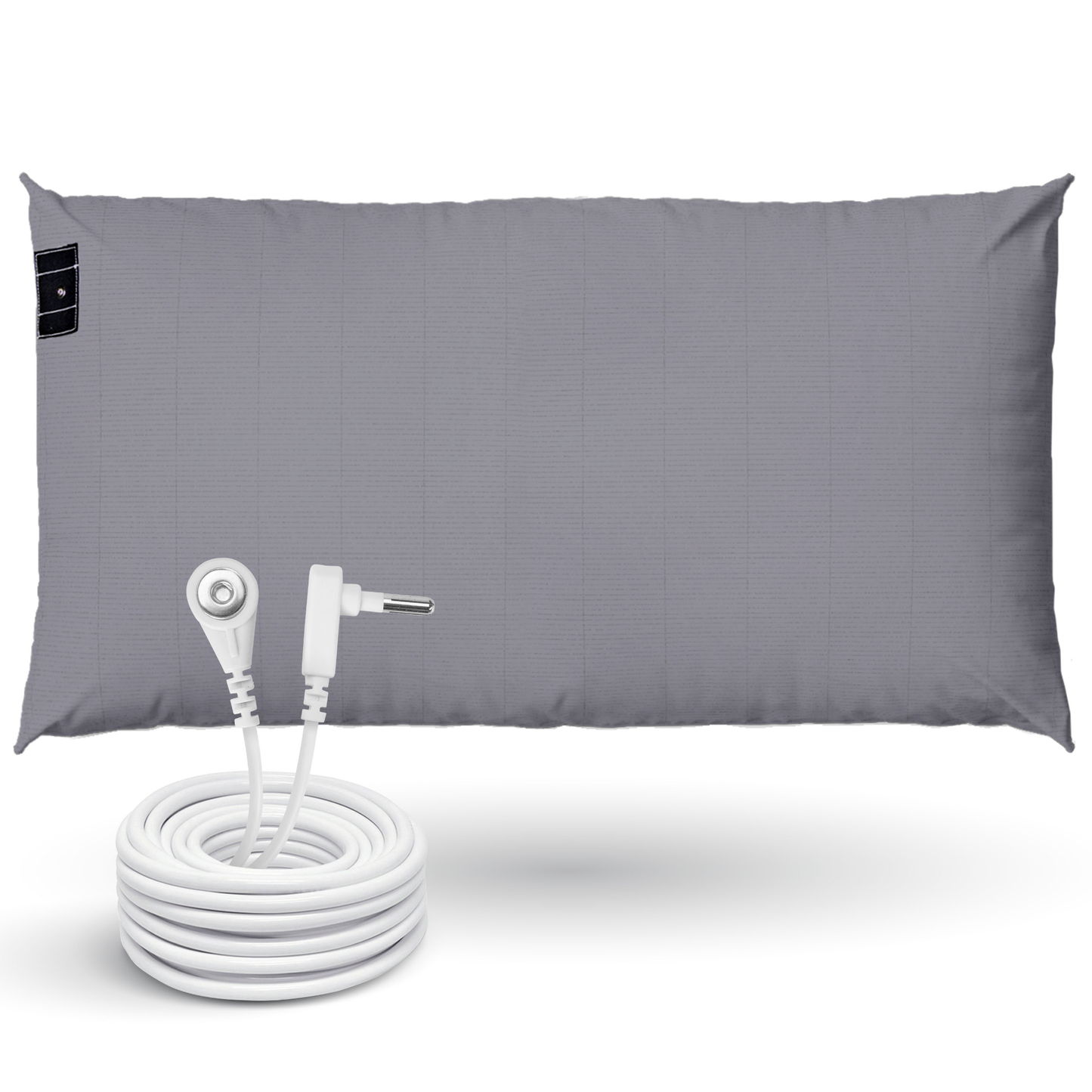 GroundLuxe Organic Grounding Pillowcase in gray with white connector cable displayed separately below.