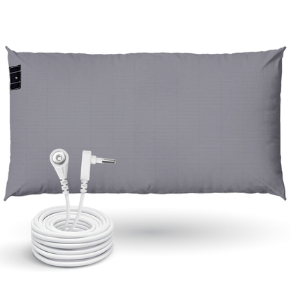 GroundLuxe Organic Grounding Pillowcase in gray with white connector cable displayed separately below.