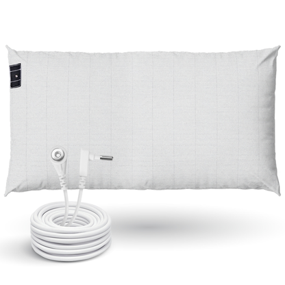 GroundLuxe Organic Grounding Pillowcase with white conductive cord and connection port displayed.