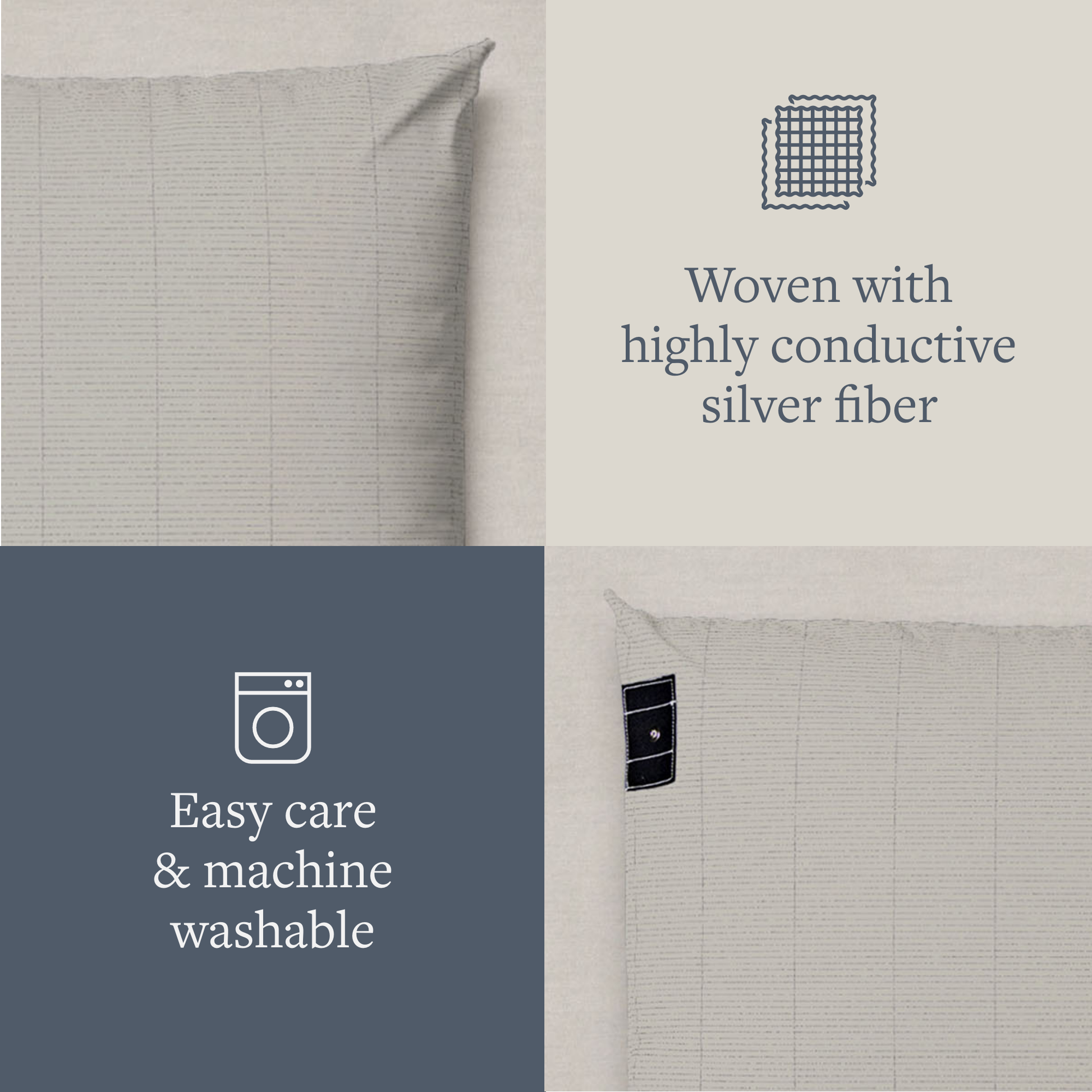 GroundLuxe Organic Grounding Pillowcase close-up showing woven silver fiber fabric with easy-care, machine-washable features.