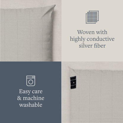 GroundLuxe Organic Grounding Pillowcase close-up showing woven silver fiber fabric with easy-care, machine-washable features.