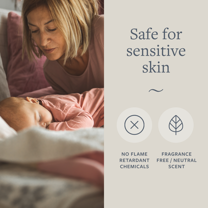Mother and sleeping baby on GroundLuxe Organic Grounding Pillowcase with text highlighting safe for sensitive skin, no flame retardant chemicals, fragrance free.