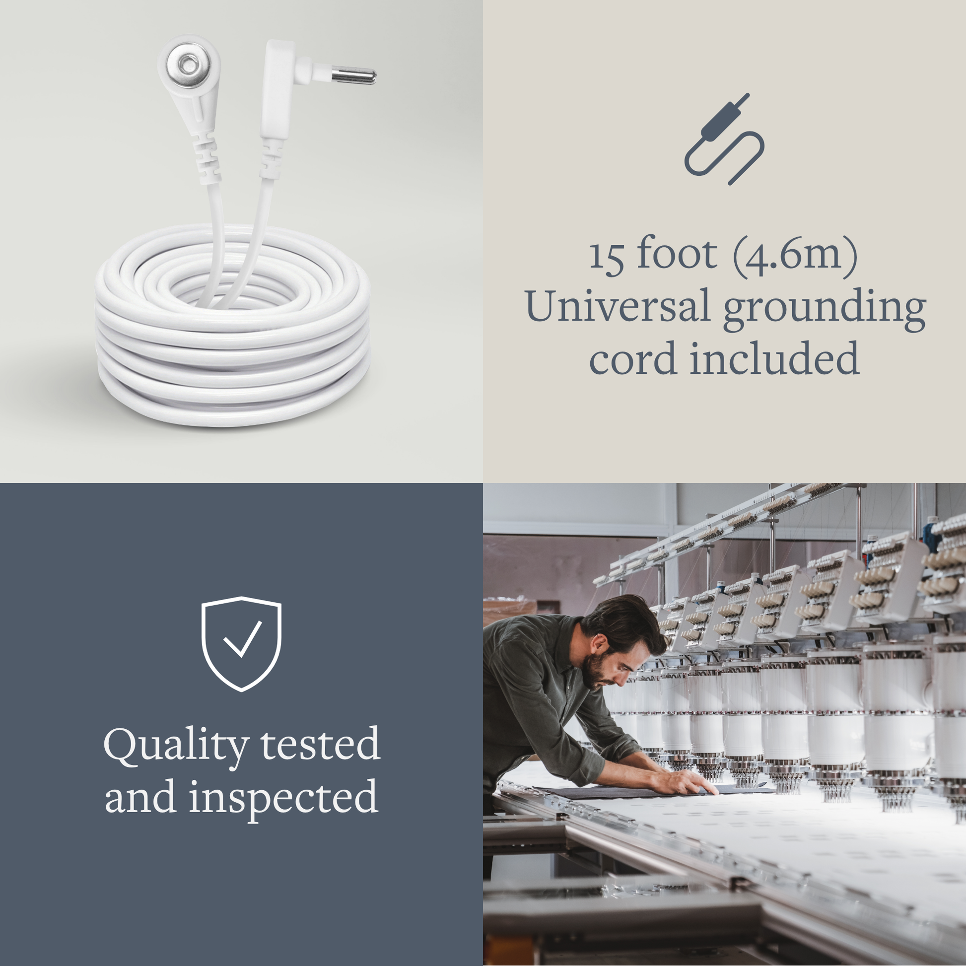 White 15-foot universal grounding cord with connectors displayed alongside quality assurance messaging and factory inspection imagery.