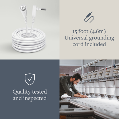 White 15-foot universal grounding cord with connectors displayed alongside quality assurance messaging and factory inspection imagery.