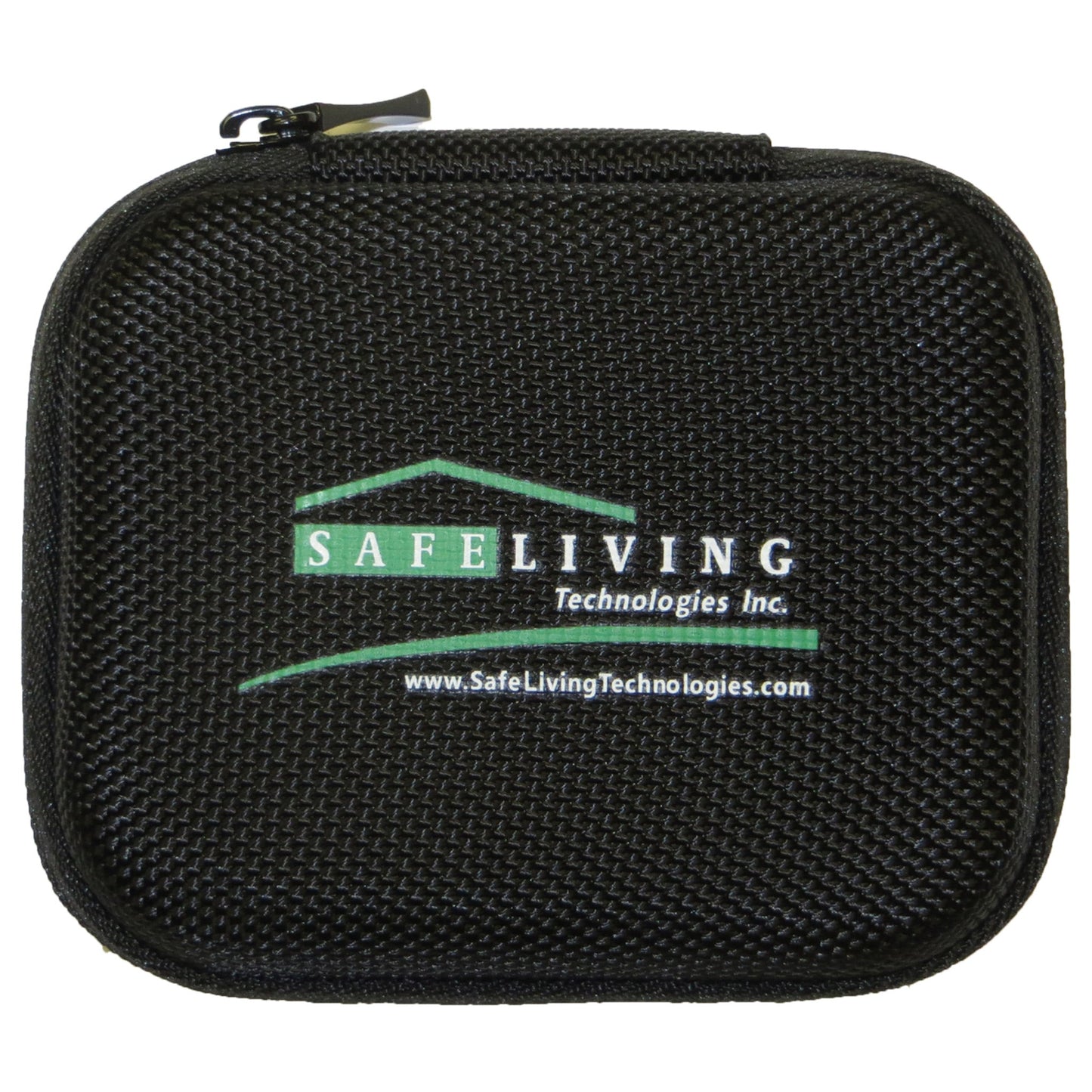 Safe Living Technologies black carrying case with green logo and website printed on textured front.