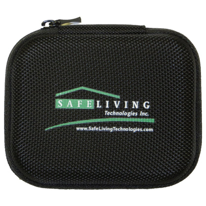 Safe Living Technologies black carrying case with green logo and website printed on textured front.