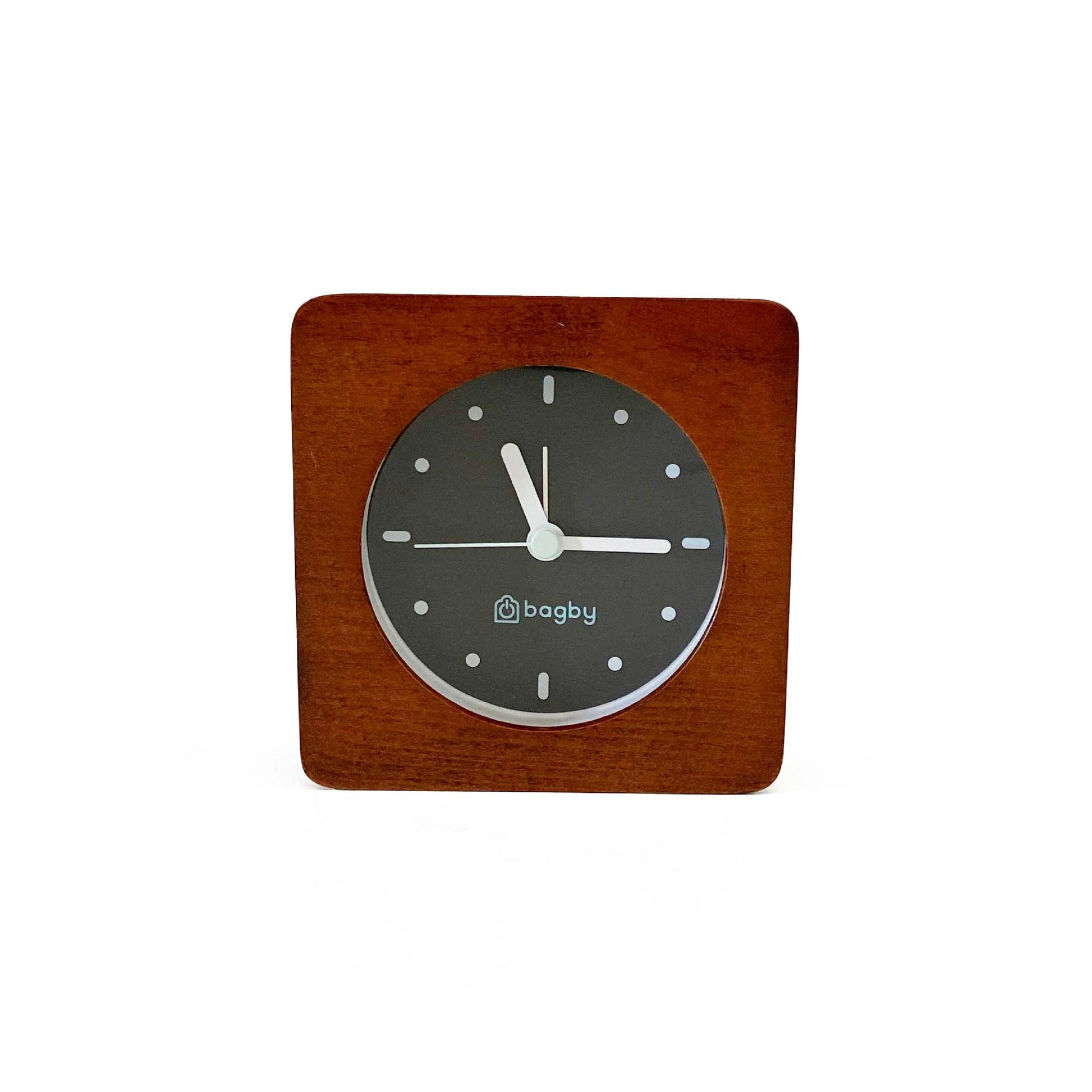 Bagby EMF-Free Minimalist Silent Analog Alarm Clock with dark face and white hands on rounded wood frame.