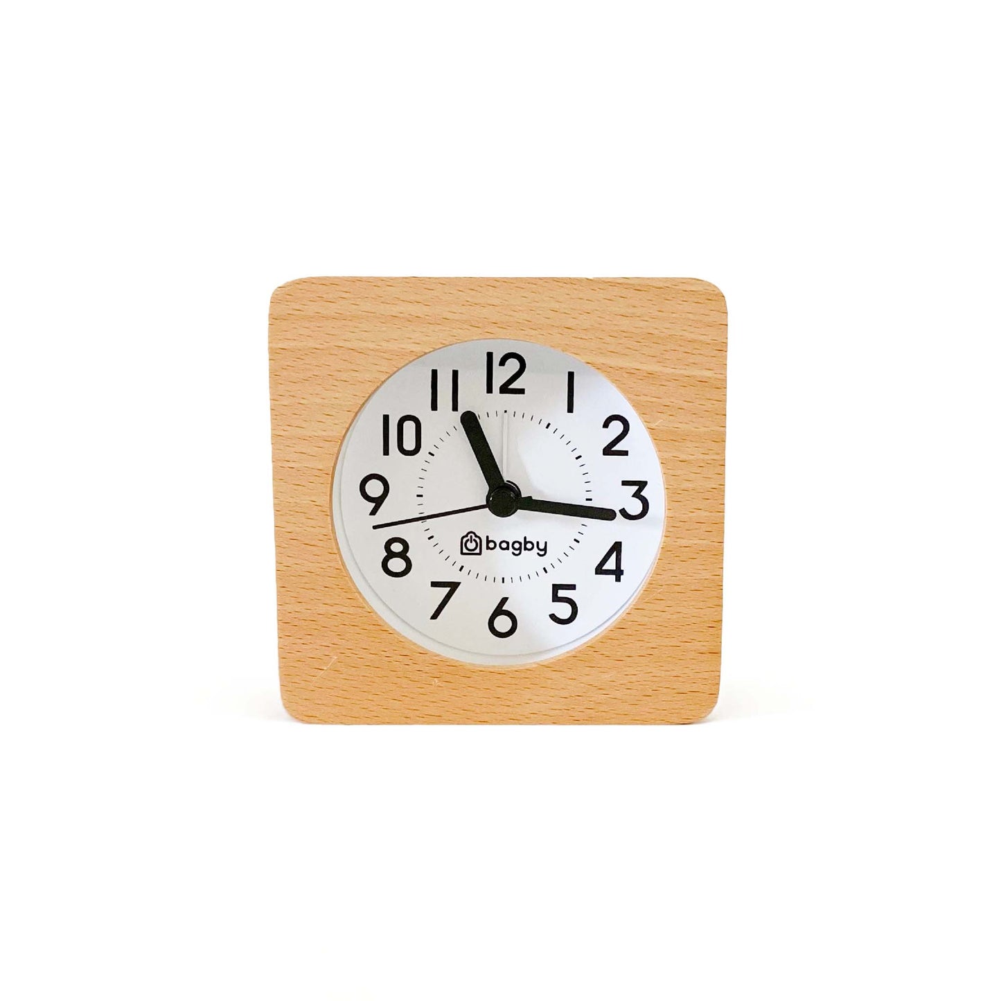 Bagby EMF-Free Classic Silent Analog Alarm Clock with light wood square frame and white dial face showing 3:00.