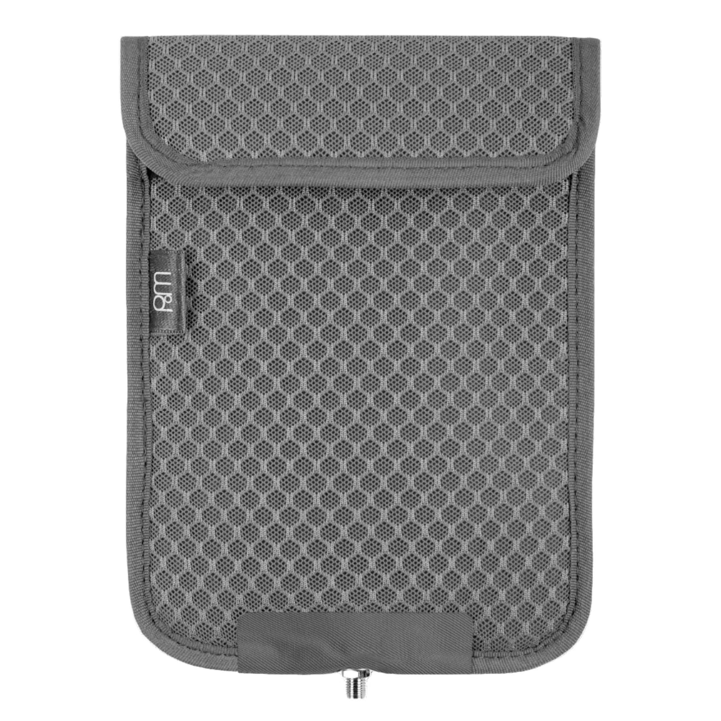 PoM Shield ECO Phone Faraday Cage in gray mesh material, front view showing flap closure and branding label.