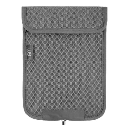 PoM Shield ECO Phone Faraday Cage in gray mesh material, front view showing flap closure and branding label.
