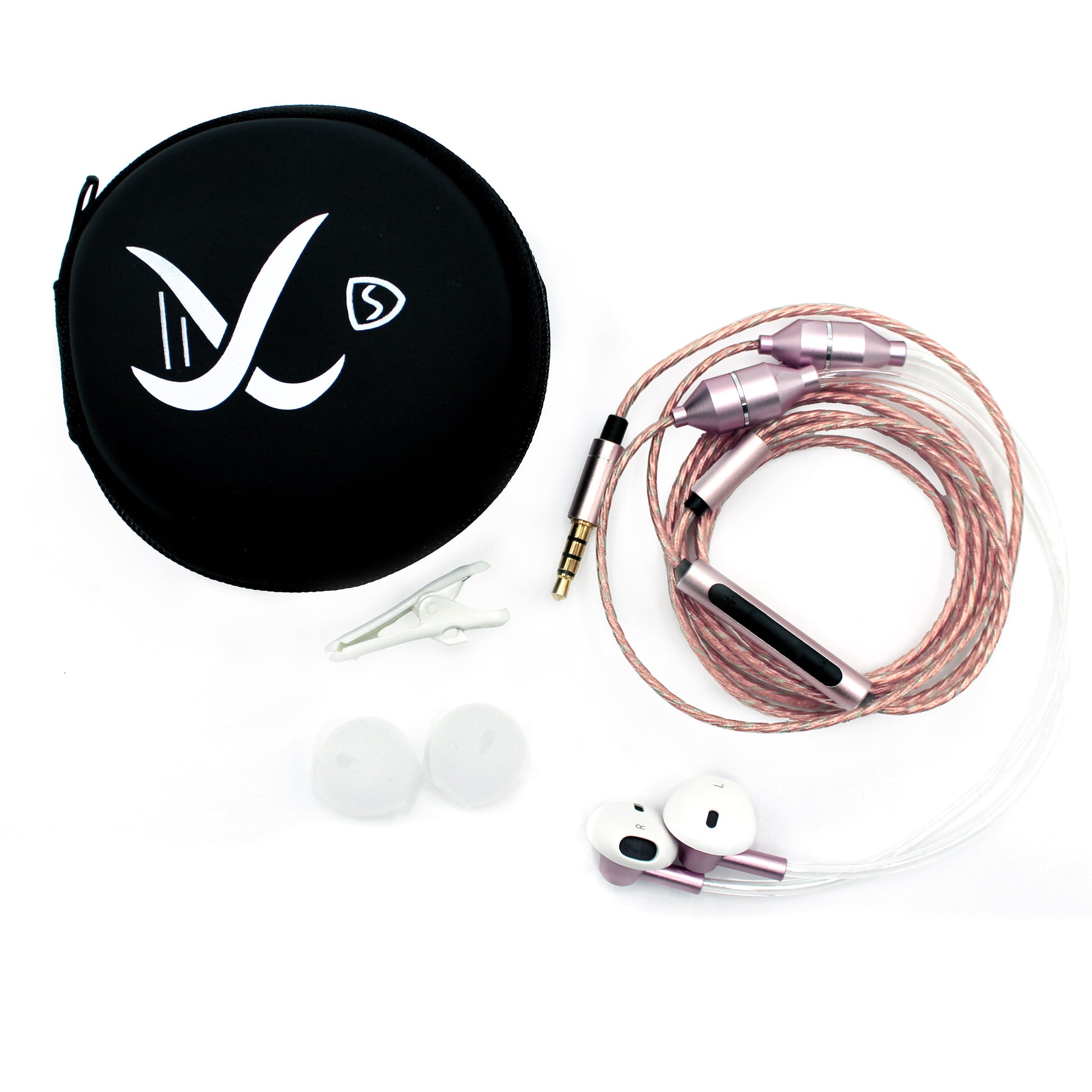 AvalonX Air Tubes EMF-Free Headphones with carrying case, cable, earbuds, and accessories displayed flat.