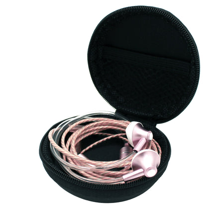 AvalonX Air Tubes earbud headphones with rose gold cable coiled in black carrying case, lid open.