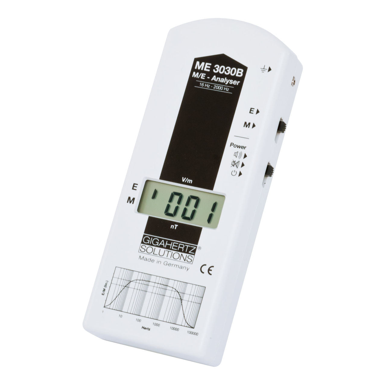 Gigahertz Solutions ME 3030B EMF meter displaying 0.001 reading on LCD screen, front view angled.