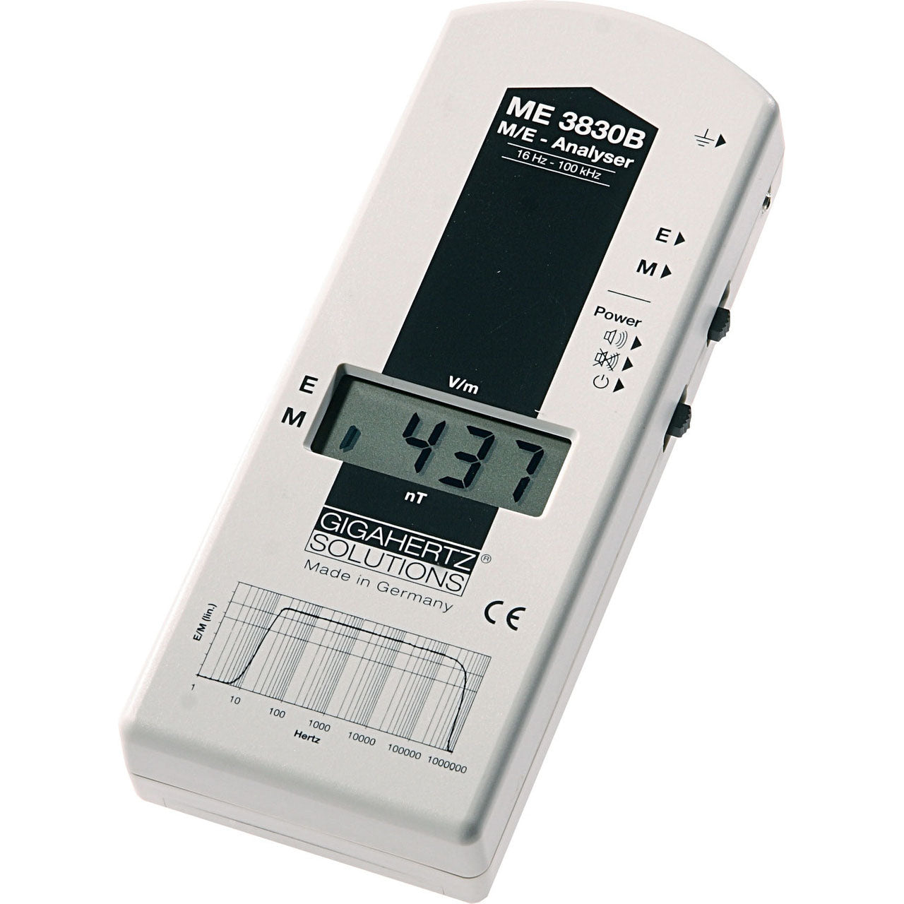 Gigahertz Solutions ME 3830B EMF meter displaying 4.37 nT reading on LCD screen, front view.