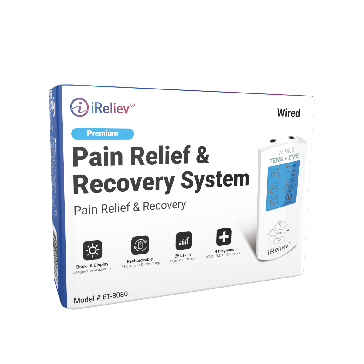 iReliev Premium wired TENS + EMS pain relief device shown in packaging with display screen and control buttons visible.