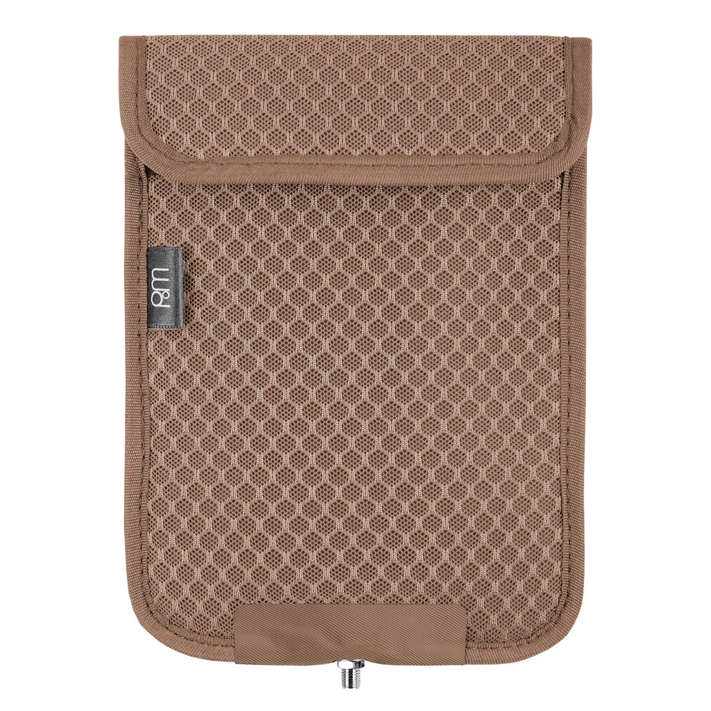 PoM Shield ECO Phone Faraday Cage in tan fabric with mesh pattern, front view showing flap closure and brand label.