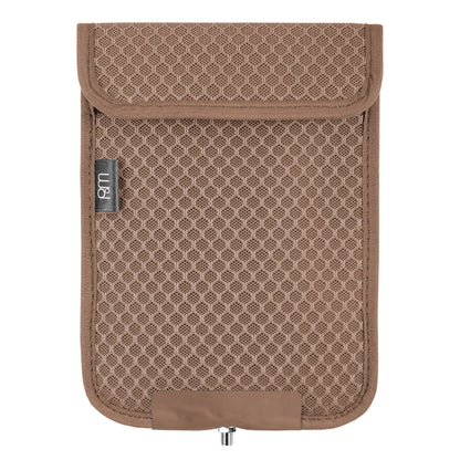 PoM Shield ECO Phone Faraday Cage in tan fabric with mesh pattern, front view showing flap closure and brand label.