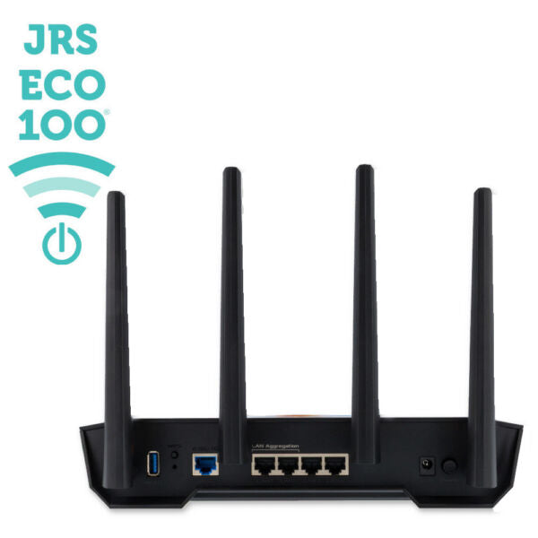 JRS Eco 100 low EMF WiFi router rear view showing four black antennas, ethernet ports, USB port, and power connection.
